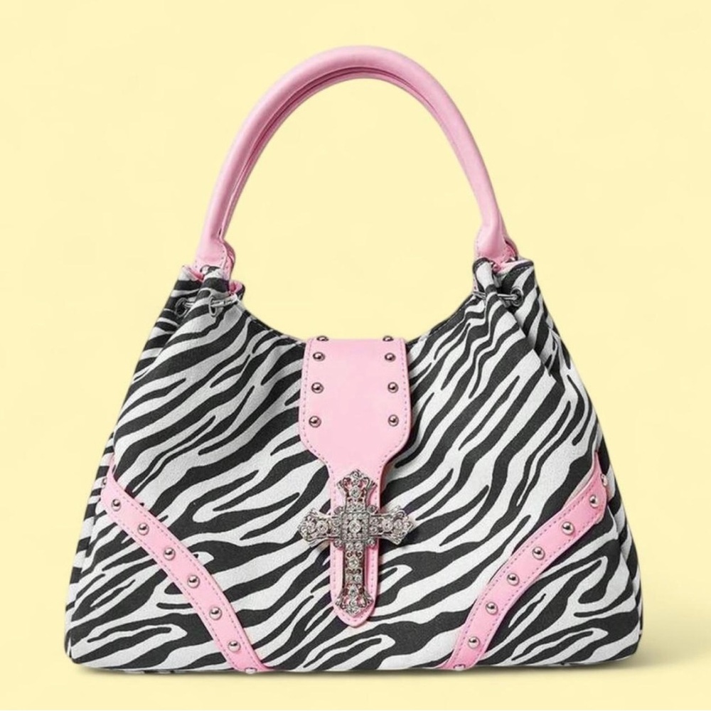 Pink Zebra-Print Handbag with Cross Accent